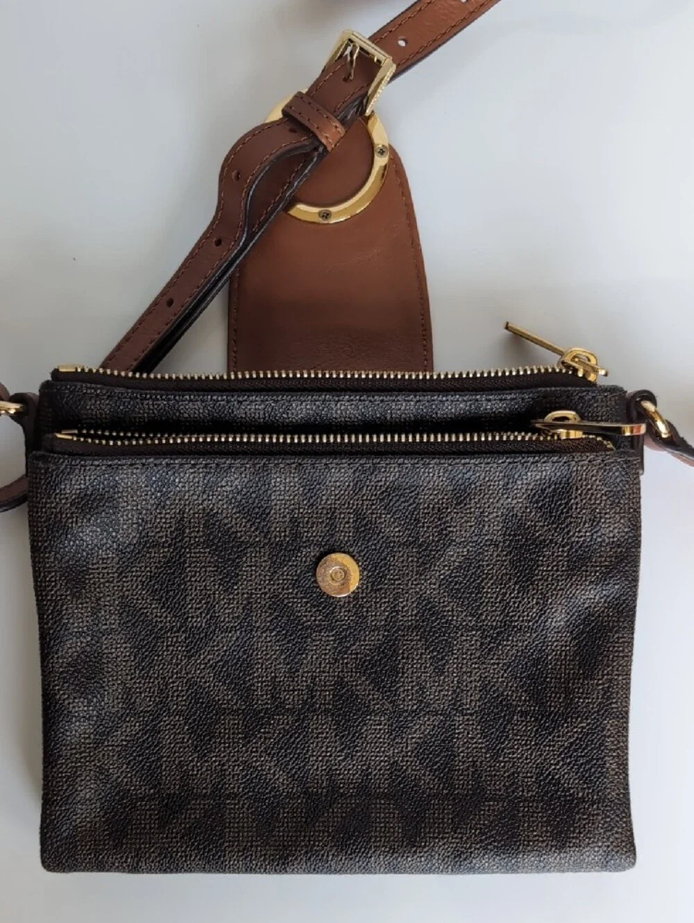 Michael Kors Dark Brown Signature MK Crossbody with Gold Accent